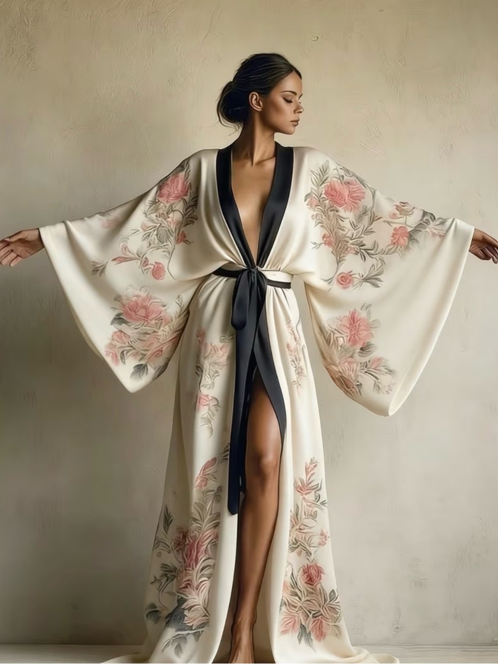 Elegant Floral Cream Kimono Robe with Black Trim